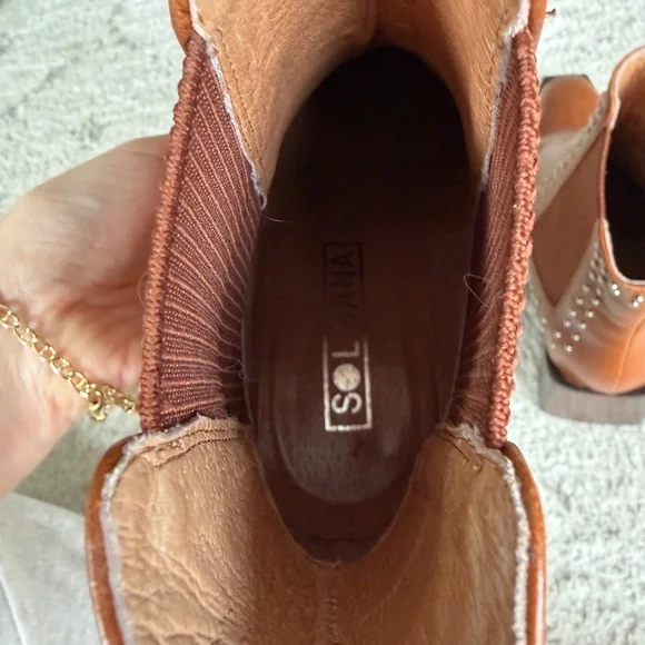 Sol Sana Cognac Leather Pointed Chelsea Booties with Studs - Picture 7 of 9